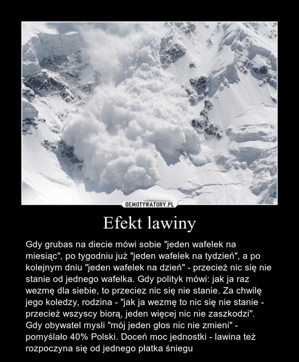 Efekt lawiny – Gdy grubas na diecie mówi sobie "jeden wafelek na miesiąc", po tygodniu już "jeden wafelek na tydzień", a po kolejnym dniu "jeden wafelek na dzień" - przecież nic się nie stanie od jednego wafelka. Gdy polityk mówi: jak ja raz wezmę dla siebie, to przeciez nic się nie stanie. Za chwilę jego koledzy, rodzina - "jak ja wezmę to nic się nie stanie - przecież wszyscy biorą, jeden więcej nic nie zaszkodzi". Gdy obywatel mysli "mój jeden głos nic nie zmieni" - pomyślało 40% Polski. Doceń moc jednostki - lawina też rozpoczyna się od jednego płatka śniegu 