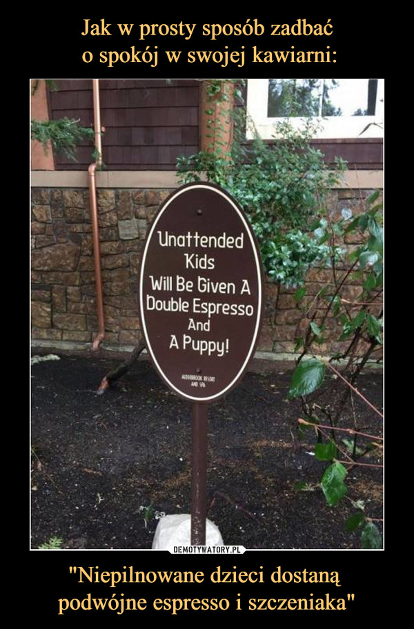 "Niepilnowane dzieci dostaną podwójne espresso i szczeniaka" –  Unattended kids will be given a double espresso and a puppy!