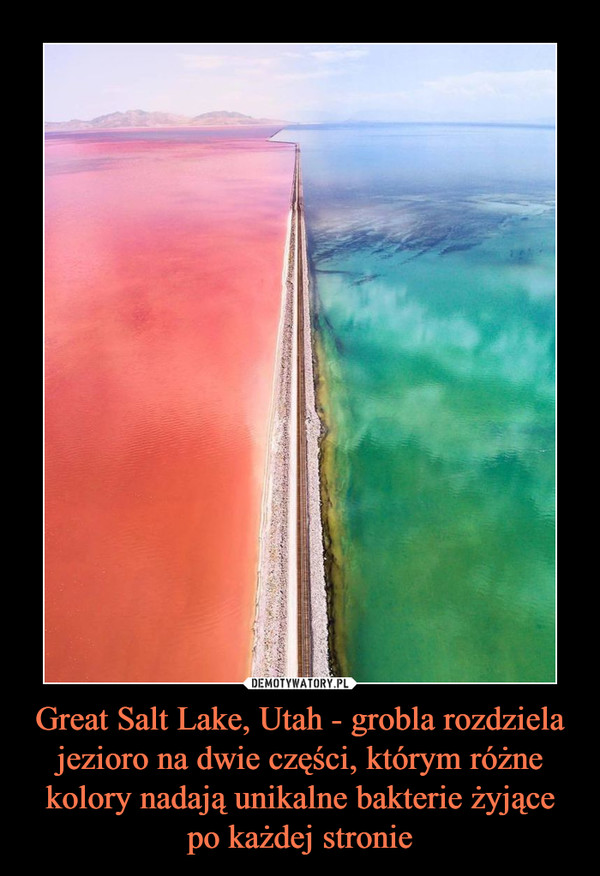 Great Salt Lake, Utah - grobla rozdziela jezioro na dwie części, którym różne kolory nadają unikalne bakterie żyjące po każdej stronie