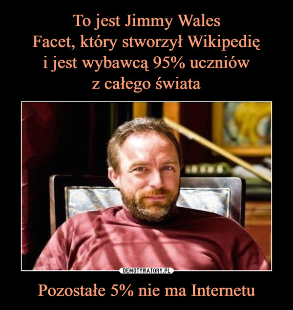 To jest Jimmy Wales
Facet, który stworzył Wikipedię
i jest wybawcą 95% uczniów
z całego świata Pozostałe 5% nie ma Internetu