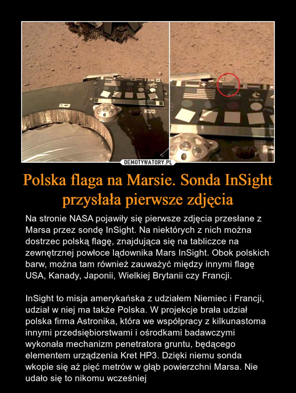 Polska flaga na Marsie. Sonda InSight przysłała pierwsze zdjęcia