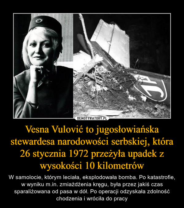 Vesna Vulović to jugosłowiańska stewardesa narodowości serbskiej, która 26 stycznia 1972 przeżyła upadek z wysokości 10 kilometrów