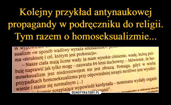 Kolejny przykład antynaukowej propagandy w podręczniku do religii. Tym razem o homoseksualizmie...