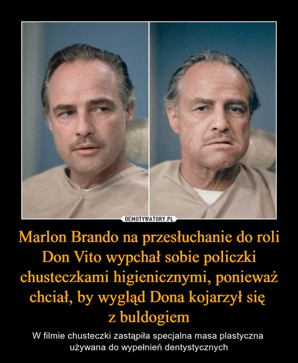Marlon Brando na przesłuchanie do roli Don Vito wypchał sobie policzki chusteczkami higienicznymi, ponieważ chciał, by wygląd Dona kojarzył się z buldogiem – W filmie chusteczki zastąpiła specjalna masa plastyczna używana do wypełnień dentystycznych 