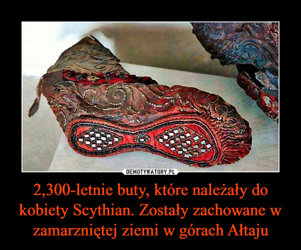2,300-letnie buty, które należały do kobiety Scythian. Zostały zachowane w zamarzniętej ziemi w górach Ałtaju