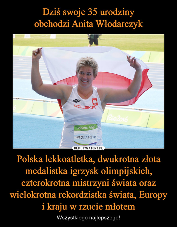 Polska lekkoatletka, dwukrotna złota medalistka igrzysk olimpijskich, czterokrotna mistrzyni świata oraz wielokrotna rekordzistka świata, Europy i kraju w rzucie młotem – Wszystkiego najlepszego! 