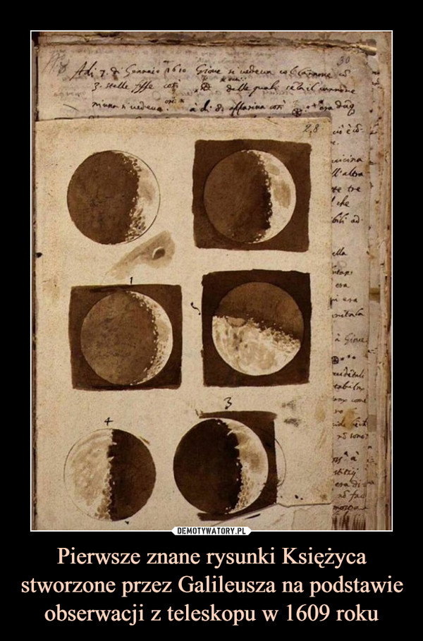 Pierwsze znane rysunki Księżyca stworzone przez Galileusza na podstawie obserwacji z teleskopu w 1609 roku