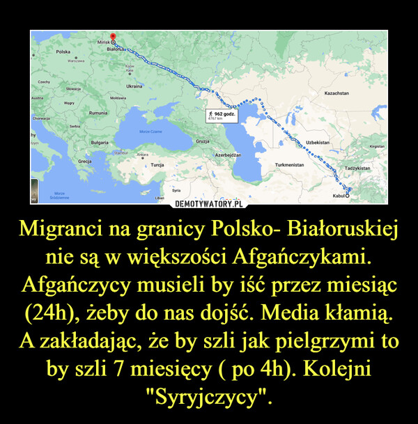 Migranci na granicy Polsko- Białoruskiej nie są w większości Afgańczykami. Afgańczycy musieli by iść przez miesiąc (24h), żeby do nas dojść. Media kłamią. A zakładając, że by szli jak pielgrzymi to by szli 7 miesięcy ( po 4h). Kolejni "Syryjczycy". –  