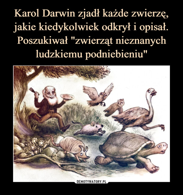 Karol Darwin zjadł każde zwierzę, jakie kiedykolwiek odkrył i opisał. Poszukiwał "zwierząt nieznanych ludzkiemu podniebieniu"