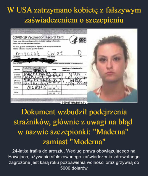 W USA zatrzymano kobietę z fałszywym zaświadczeniem o szczepieniu Dokument wzbudził podejrzenia strażników, głównie z uwagi na błąd 
w nazwie szczepionki: "Maderna" 
zamiast "Moderna"