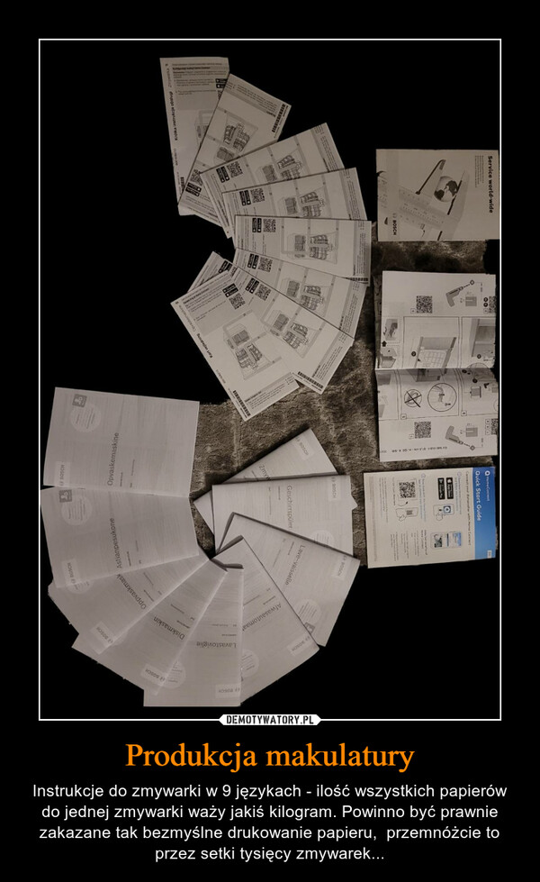 Produkcja makulatury – Instrukcje do zmywarki w 9 językach - ilość wszystkich papierów do jednej zmywarki waży jakiś kilogram. Powinno być prawnie zakazane tak bezmyślne drukowanie papieru,  przemnóżcie to przez setki tysięcy zmywarek... 