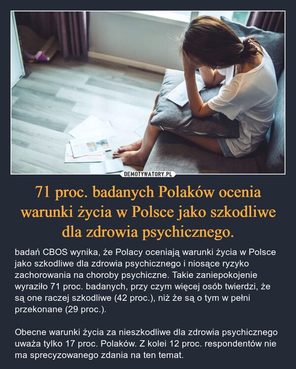 71 proc. badanych Polaków ocenia warunki życia w Polsce jako szkodliwe dla zdrowia psychicznego.