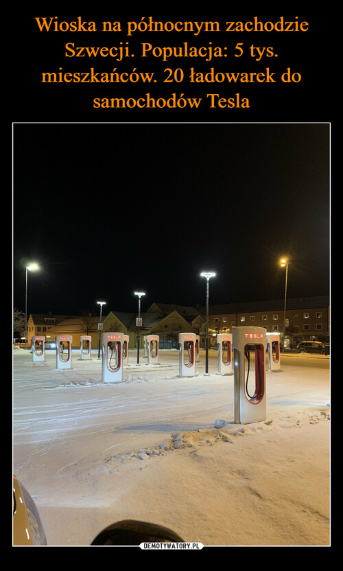 Wioska na północnym zachodzie Szwecji. Populacja: 5 tys. mieszkańców. 20 ładowarek do samochodów Tesla