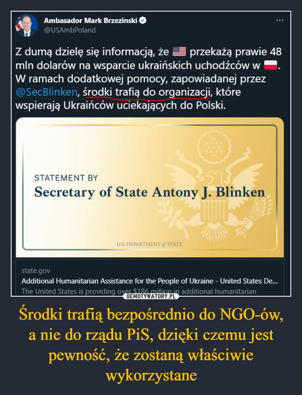 Środki trafią bezpośrednio do NGO-ów, a nie do rządu PiS, dzięki czemu jest pewność, że zostaną właściwie wykorzystane