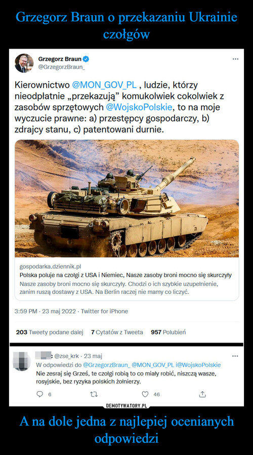 Grzegorz Braun o przekazaniu Ukrainie czołgów A na dole jedna z najlepiej ocenianych odpowiedzi