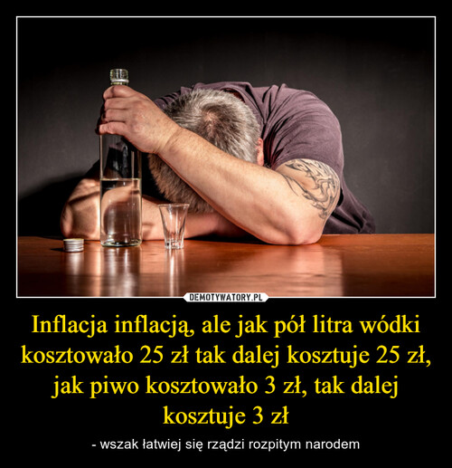 Inflacja inflacją, ale jak pół litra wódki kosztowało 25 zł tak dalej kosztuje 25 zł, jak piwo kosztowało 3 zł, tak dalej kosztuje 3 zł