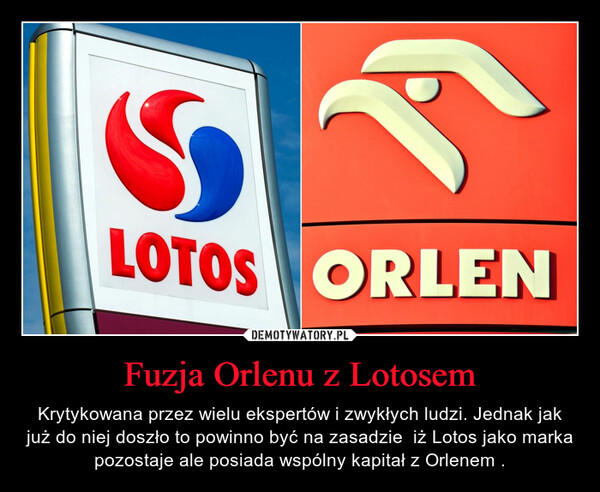 Fuzja Orlenu z Lotosem – Krytykowana przez wielu ekspertów i zwykłych ludzi. Jednak jak już do niej doszło to powinno być na zasadzie  iż Lotos jako marka pozostaje ale posiada wspólny kapitał z Orlenem . 