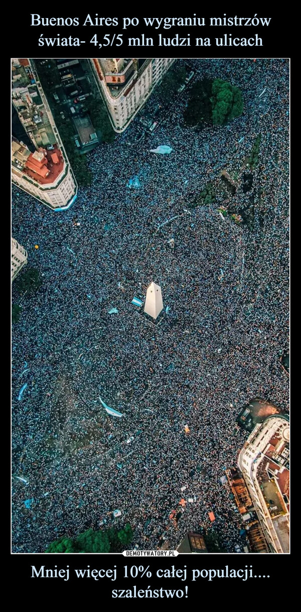 Buenos Aires po wygraniu mistrzów świata- 4,5/5 mln ludzi na ulicach Mniej więcej 10% całej populacji.... szaleństwo!