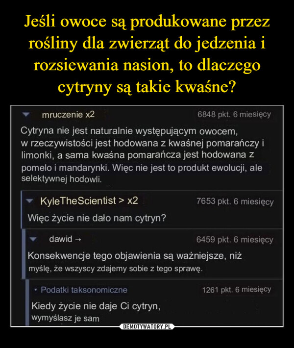  –  mruczenie x26848 pkt. 6 miesięcyowocem,Cytryna nie jest naturalnie występującymw rzeczywistości jest hodowana z kwaśnej pomarańczy ilimonki, a sama kwaśna pomarańcza jest hodowana zpomelo i mandarynki. Więc nie jest to produkt ewolucji, aleselektywnej hodowli.Kyle The Scientist > x2Więc życie nie dało nam cytryn?7653 pkt. 6 miesięcy▾ Podatki taksonomiczneKiedy życie nie daje Ci cytryn,wymyślasz je samdawid →Konsekwencje tego objawienia są ważniejsze, niżmyślę, że wszyscy zdajemy sobie z tego sprawę.6459 pkt. 6 miesięcy1261 pkt. 6 miesięcy