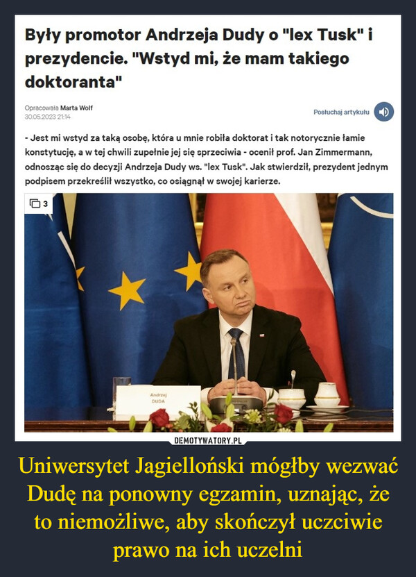 Uniwersytet Jagielloński mógłby wezwać Dudę na ponowny egzamin, uznając, że to niemożliwe, aby skończył uczciwie prawo na ich uczelni