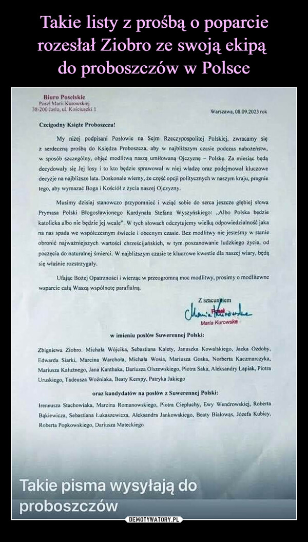 Takie listy z prośbą o poparcie rozesłał Ziobro ze swoją ekipą 
do proboszczów w Polsce