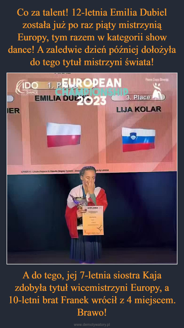 A do tego, jej 7-letnia siostra Kaja zdobyła tytuł wicemistrzyni Europy, a 10-letni brat Franek wrócił z 4 miejscem. Brawo! –  ERDO 1. PEUROPEANHADIEMILIA DUE 2023DANCELPRDSL Protocol & Results Display System DesPZSon ty UNUMDIPLOMA3. PlaceLIJA KOLARFIDODANCEPlena Zveza SloveIDO EUROPEAN CHAMPIONSHIPSHOW EMILIA DUBIEL 1.DANCEGIRLS
