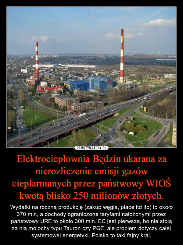 Elektrociepłownia Będzin ukarana za nierozliczenie emisji gazów cieplarnianych przez państwowy WIOŚ kwotą blisko 250 milionów złotych.