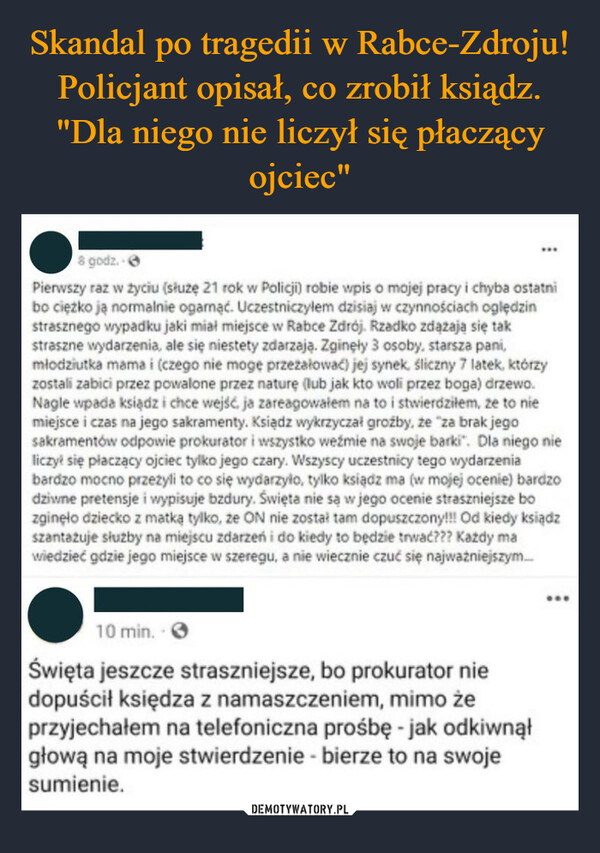 Skandal po tragedii w Rabce-Zdroju! Policjant opisał, co zrobił ksiądz. "Dla niego nie liczył się płaczący ojciec"