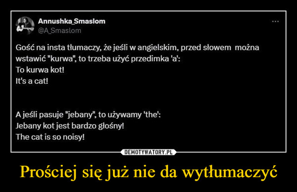 Prościej się już nie da wytłumaczyć –  BAnnushka Smaslom@A_SmaslomGość na insta tłumaczy, że jeśli w angielskim, przed słowem możnawstawić "kurwa", to trzeba użyć przedimka 'a':To kurwa kot!It's a cat!A jeśli pasuje "jebany", to używamy 'the':Jebany kot jest bardzo głośny!The cat is so noisy!